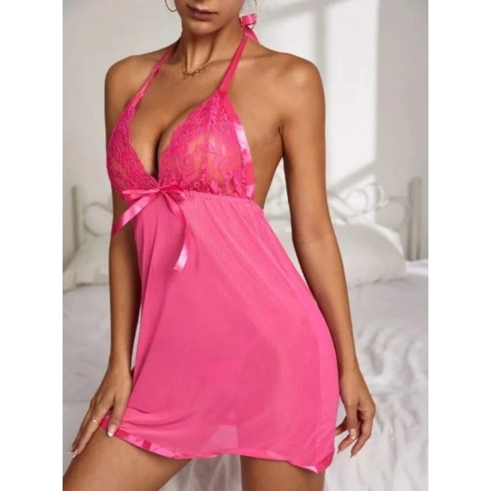 Size 10 Large Contrast Lace Mesh Baby Doll With Thong